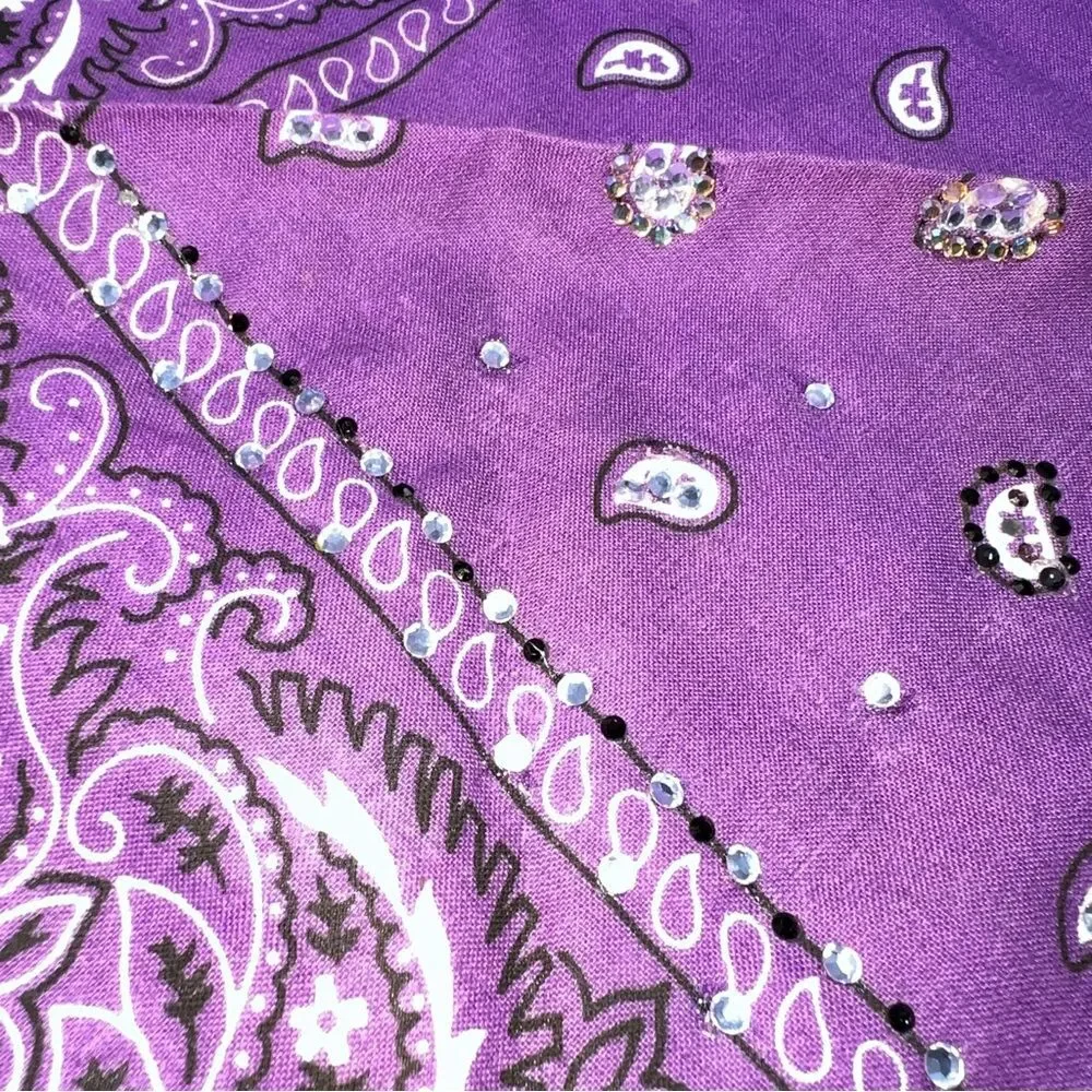 Vintage Lot of 2 Brown and Purple Bandanas/Scarfs Embellished w/Rhinestone